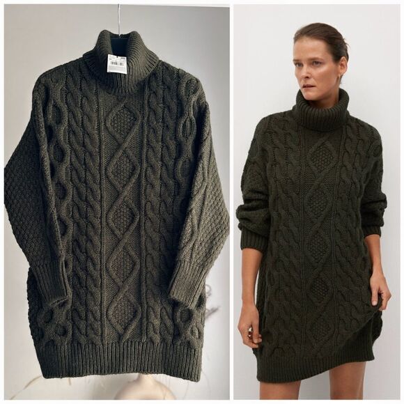 Mango Dresses & Skirts - Mango Cable Knit Chunky Dress Braids Oversized Turtleneck Khaki
